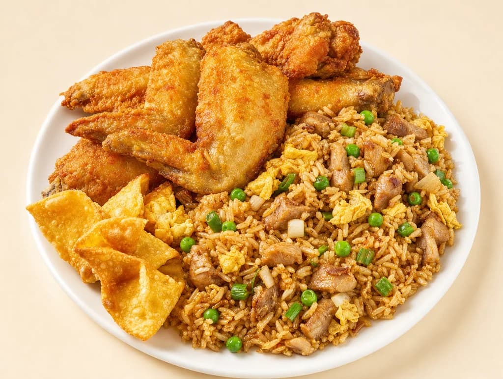 A China Feast combo plate: fried wings, combo fried rice and a crab rangoon