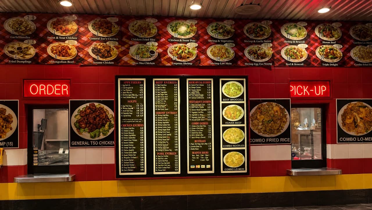 The order and pick-up counter at China Feast, with the lit menu board