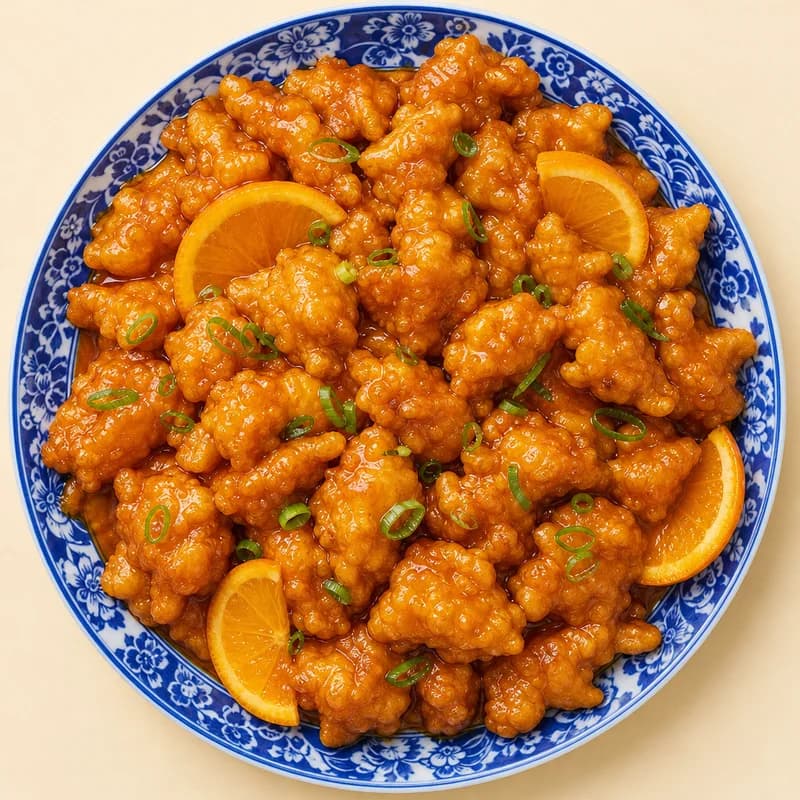 Orange chicken in a bright sweet orange sauce